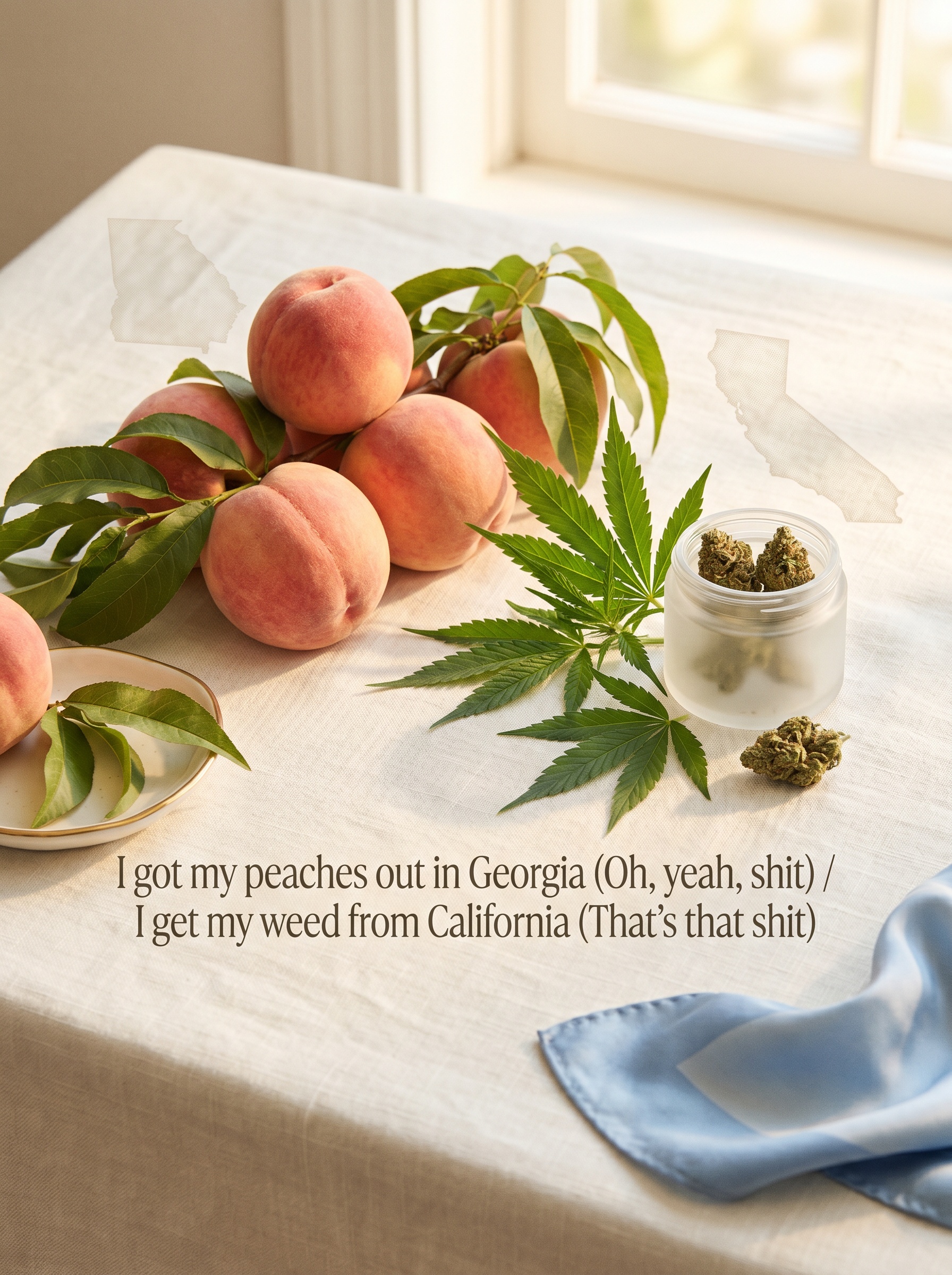 Peaches by Justin Bieber – 'I got my peaches out in Georgia (Oh, yeah, shit) / I get my weed from California (That's that shit)' Lyric Art