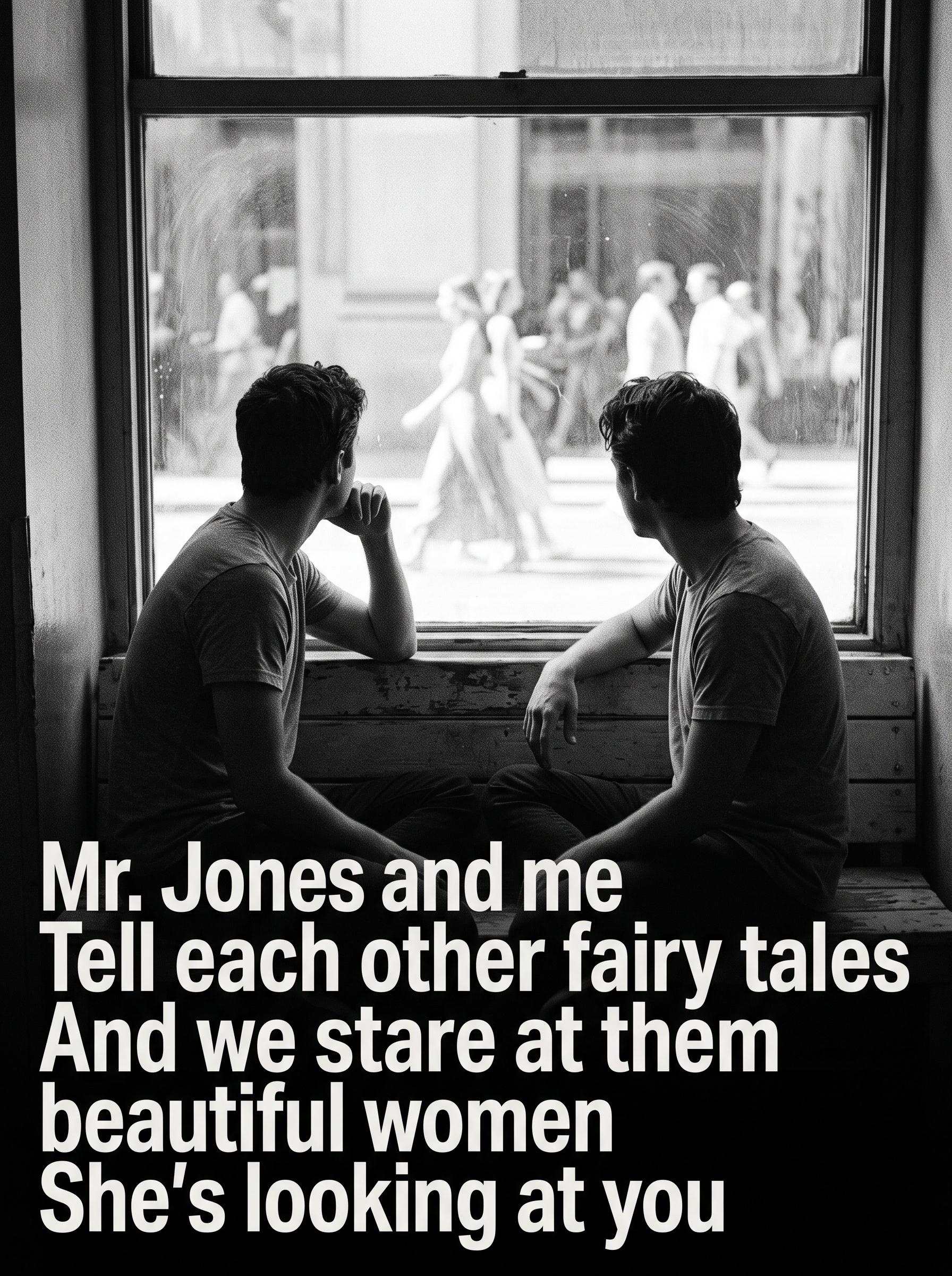 Mr Jones by Counting Crows – 'Mr. Jones and me, Tell each other fairy tales, And we stare at them beautiful women, She's looking at you' lyric art print