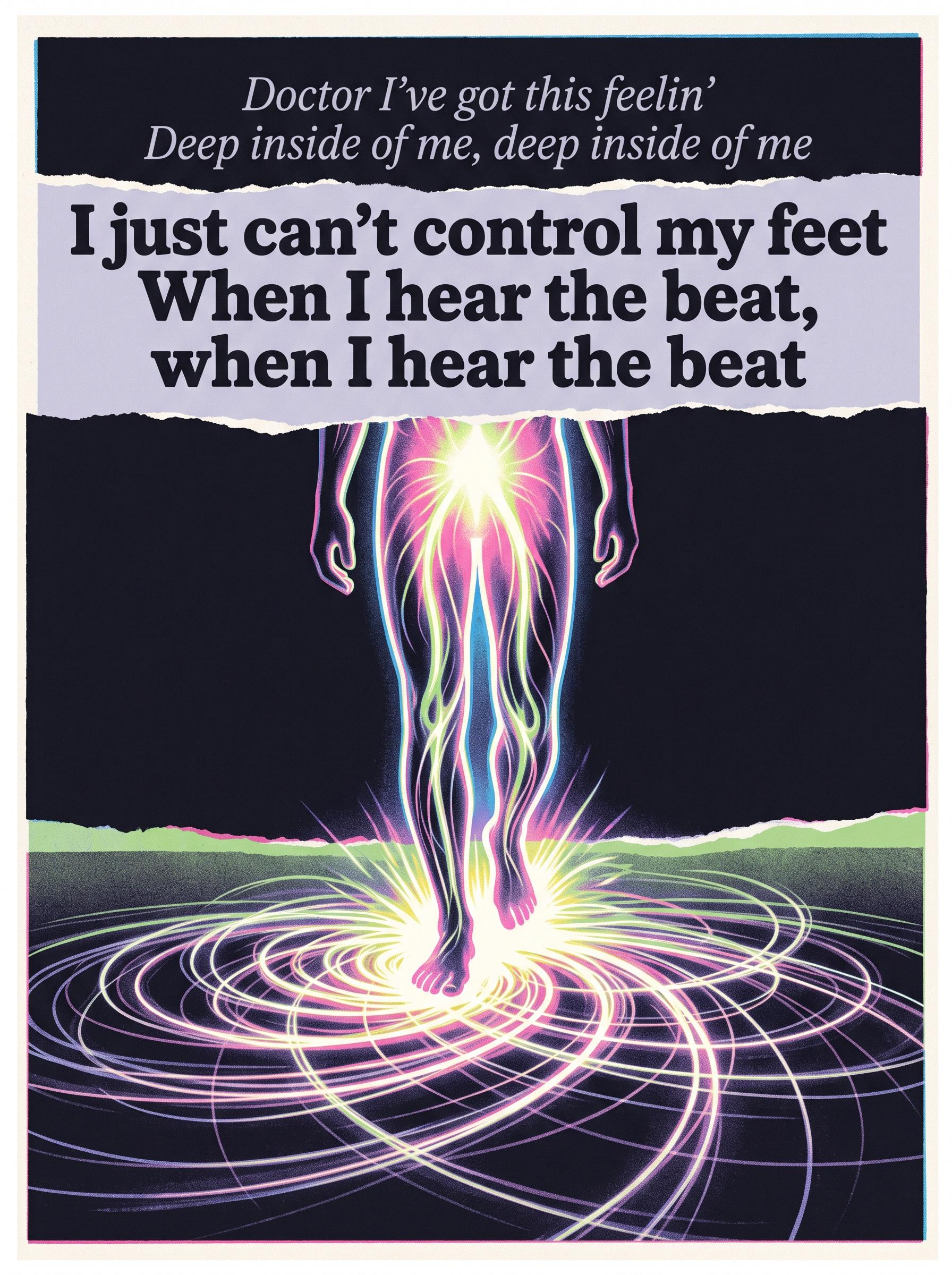 Miami Sound Machine and Mylo by Doctor Pressure – 'Doctor I've got this feelin', Deep inside of me, deep inside of me, I just can't control my feet, When I hear the beat, when I hear the beat' lyric art print