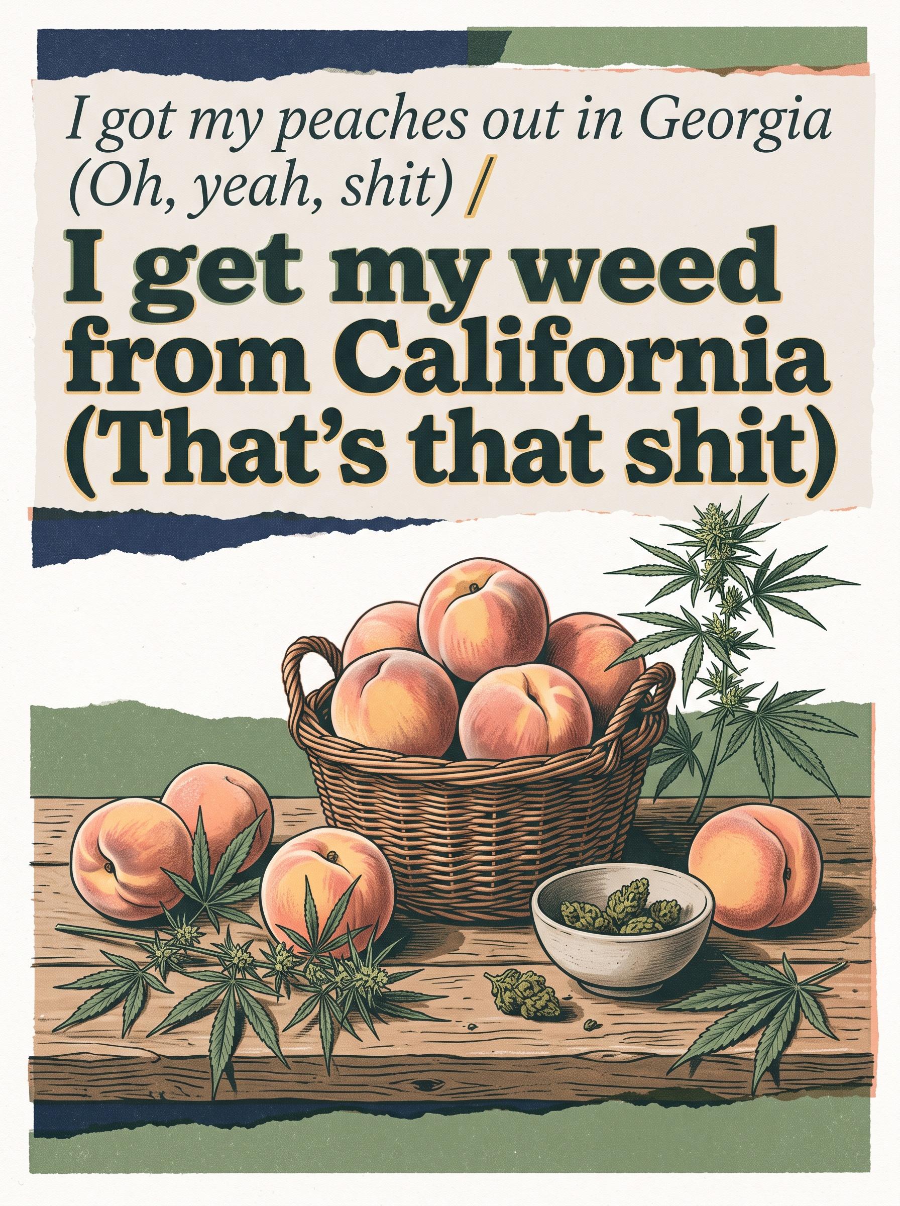 "I got my peaches out in Georgia (Oh, yeah, shit) / I get my weed from California (That's that shit)" by Justin Bieber — lyric art