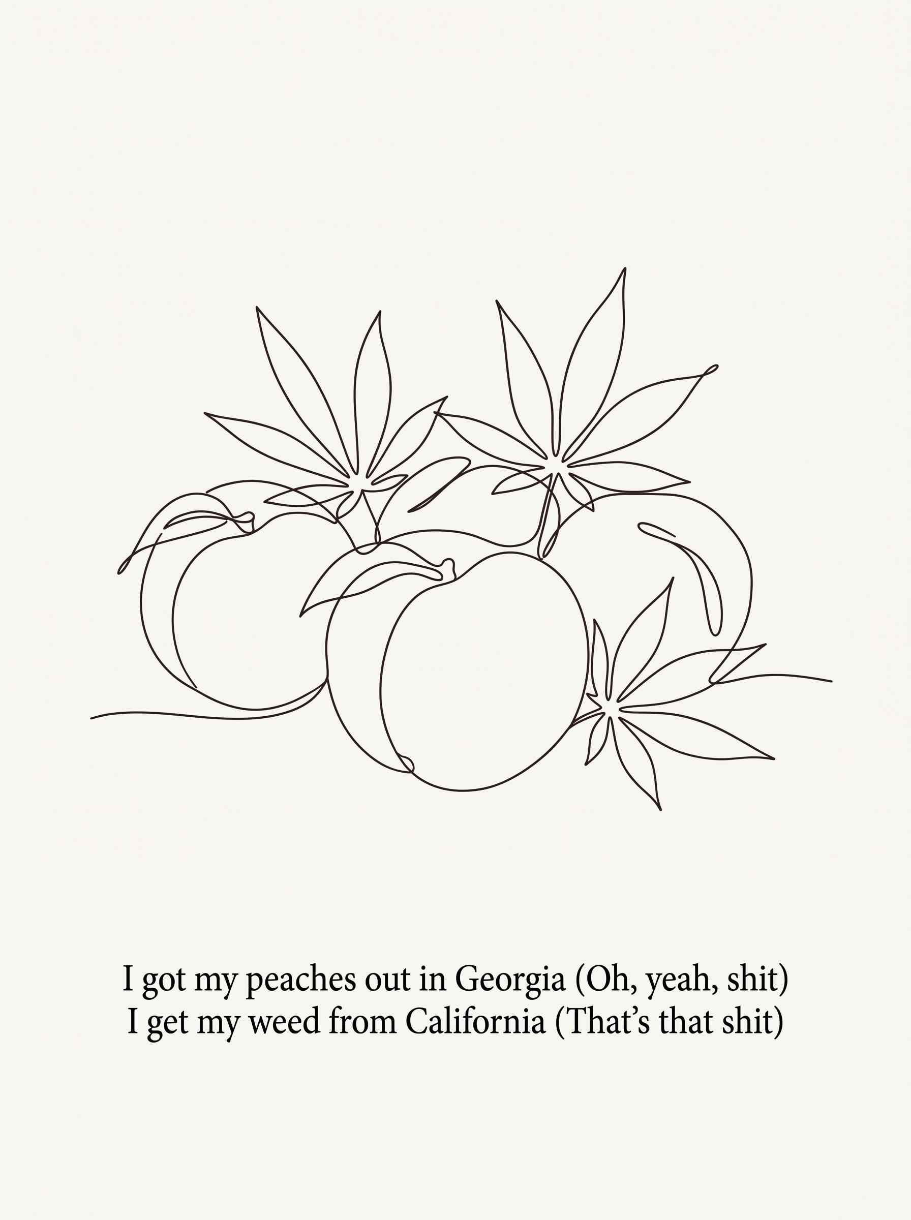 "I got my peaches out in Georgia (Oh, yeah, shit) / I get my weed from California (That's that shit)" by Justin Bieber — lyric art