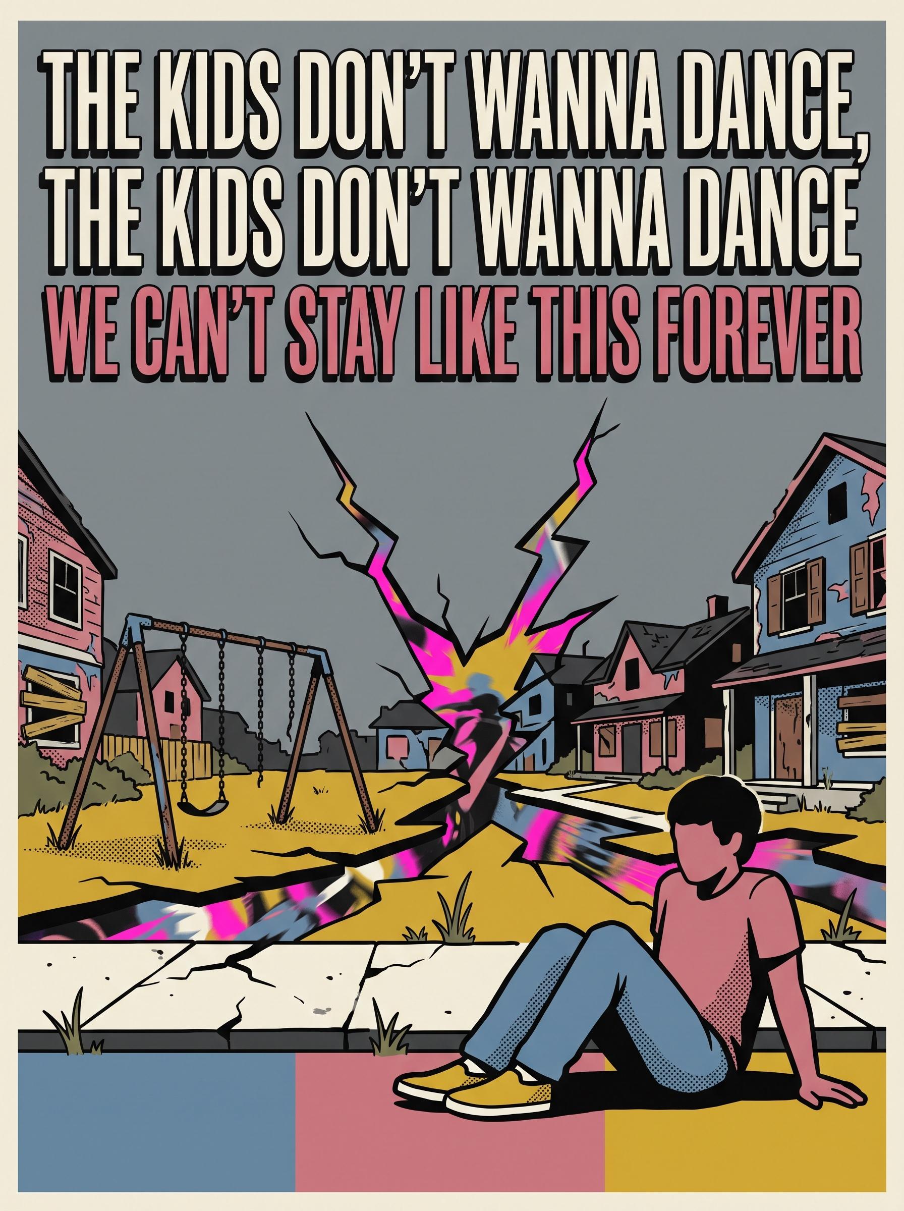 "The kids don't wanna dance, the kids don't wanna dance
We can't stay like this forever" by Miley — lyric art