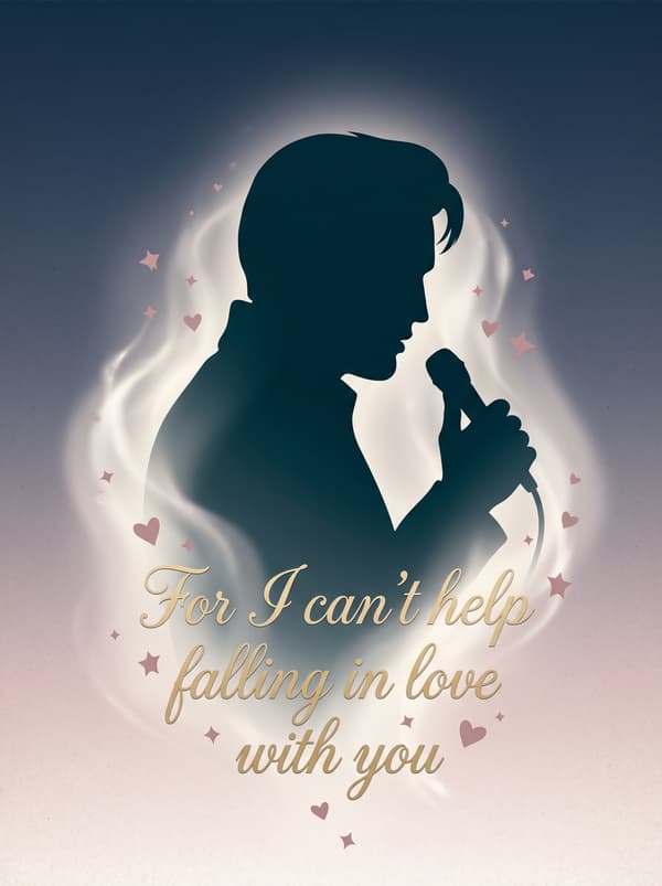 Can't Help Falling in Love by Elvis Presley – 'For I can't help falling in love with you' lyric design printed on the back of a t-shirt