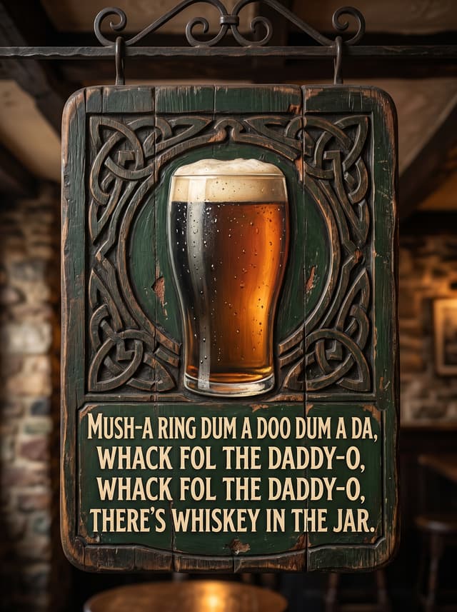 Whiskey In The Jar by The Dubliners – 'Mush-a ring dum a doo dum a da, Whack fol the daddy-o, Whack fol the daddy-o, There's whiskey in the jar' lyric design printed on the back of a t-shirt