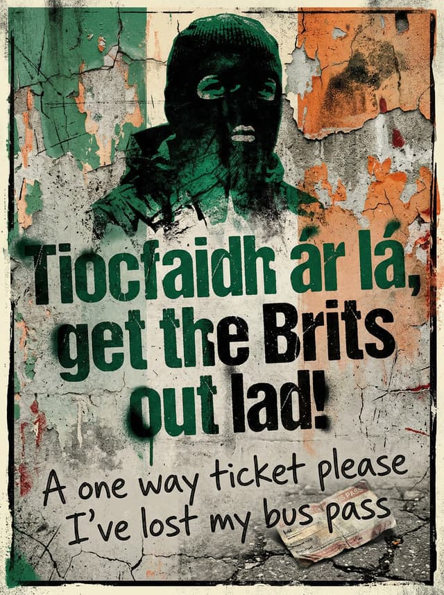 H.O.O.D by Kneecap – 'Tiocfaidh ár lá, get the Brits out lad! A one way ticket please I’ve lost my bus pass' lyric design printed on the back of a t-shirt