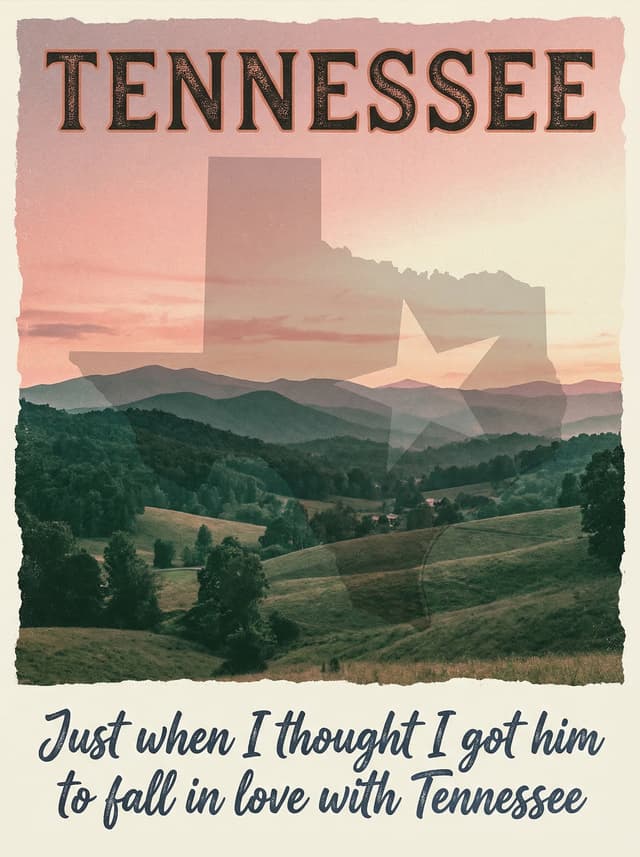 Choosin' Texas by Ella Langley – 'Just when I thought I got him to fall in love with Tennessee' lyric design printed on the back of a t-shirt