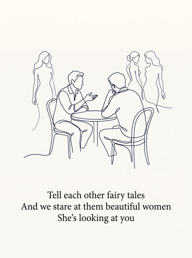 Mr Jones by Counting Crows – 'Tell each other fairy tales, And we stare at them beautiful women, She's looking at you' lyric design printed on the back of a t-shirt