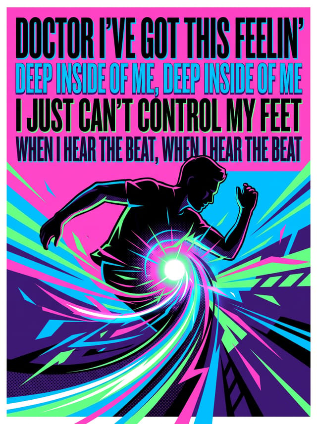Miami Sound Machine and Mylo by Doctor Pressure – 'Doctor I've got this feelin', Deep inside of me, deep inside of me, I just can't control my feet, When I hear the beat, when I hear the beat' lyric design printed on the back of a t-shirt