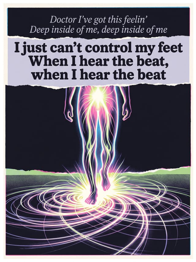 Miami Sound Machine and Mylo by Doctor Pressure – 'Doctor I've got this feelin', Deep inside of me, deep inside of me, I just can't control my feet, When I hear the beat, when I hear the beat' lyric design printed on the back of a t-shirt