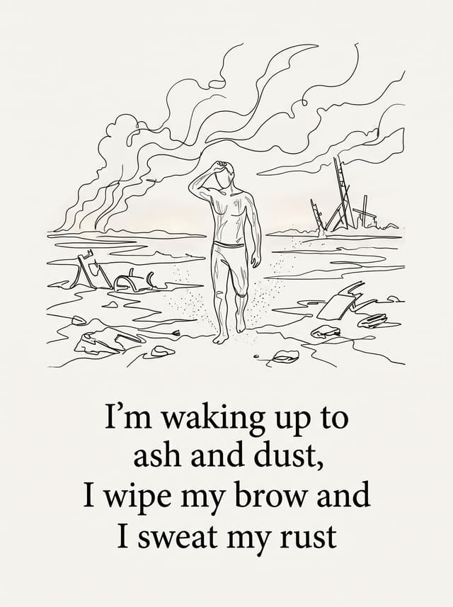 Radioactive by Imagine Dragons – 'I'm waking up to ash and dust, I wipe my brow and I sweat my rust' lyric design printed on the back of a t-shirt
