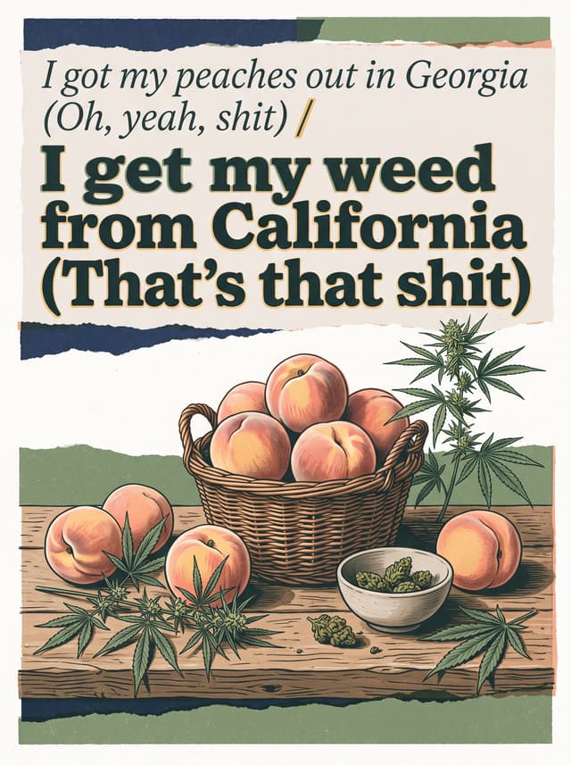Peaches by Justin Bieber – 'I got my peaches out in Georgia (Oh, yeah, shit) / I get my weed from California (That's that shit)' lyric design printed on the back of a t-shirt