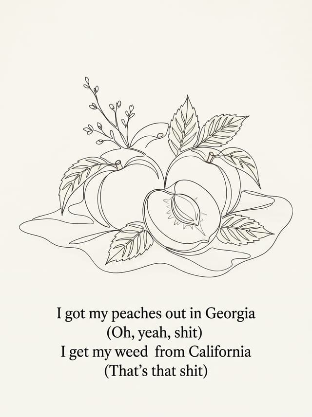 Peaches by Justin Bieber – 'I got my peaches out in Georgia (Oh, yeah, shit) / I get my weed from California (That's that shit)' lyric design printed on the back of a t-shirt