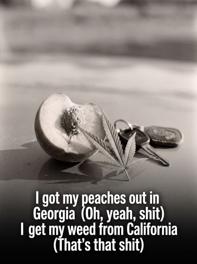 Peaches by Justin Bieber – 'I got my peaches out in Georgia (Oh, yeah, shit) / I get my weed from California (That's that shit)' lyric design printed on the back of a t-shirt