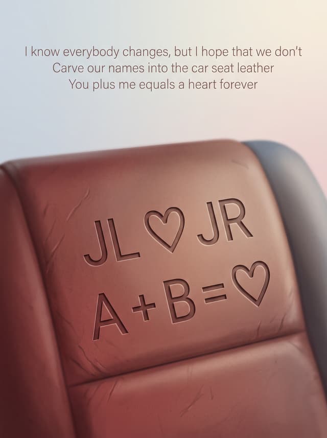 u + me = <3 by Olivia Rodrigo – 'I know everybody changes, but I hope that we don't, Carve our names into the car seat leather, You plus me equals a heart forever' lyric design as a poster hanging in a living room