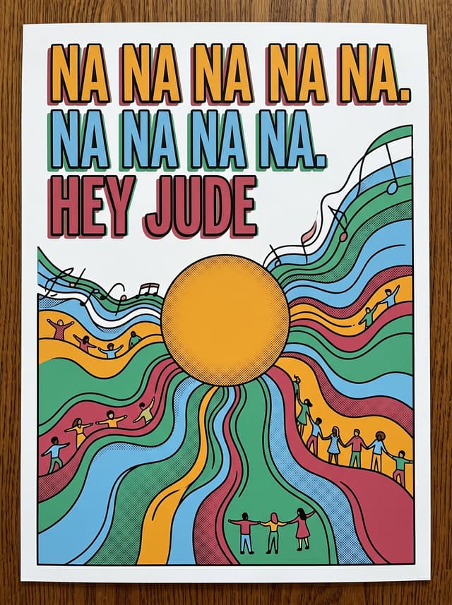 Hey Jude by The Beatles – 'Na na na na na na na, na na na na, hey Jude' lyric design as a poster hanging in a living room