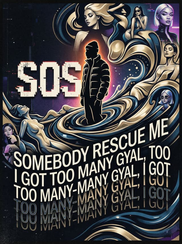 Sprinter by Dave – 'SOS, somebody rescue me, I got too many gyal, too many-many gyal, I got' lyric design printed on the back of a t-shirt