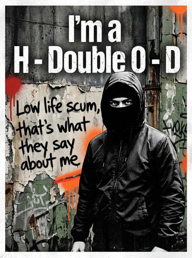 H.O.O.D by Kneecap – 'I’m a H - Double O - D. Low life scum, that’s what they say about me' lyric design printed on the back of a t-shirt