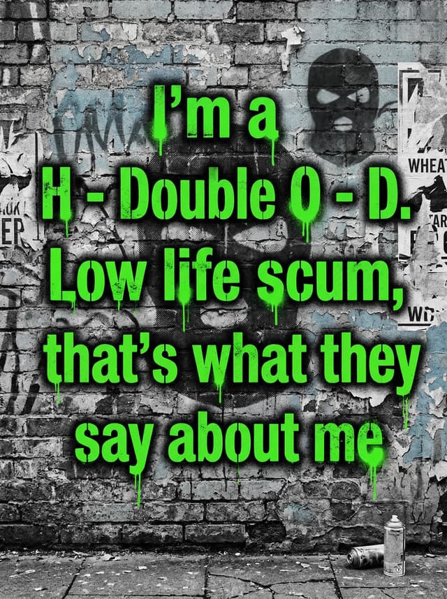 H.O.O.D by Kneecap – 'I’m a H - Double O - D. Low life scum, that’s what they say about me' lyric design printed on the back of a t-shirt