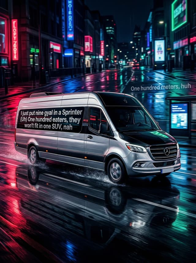Sprinter by Dave – 'One hundred meters, huh, I just put nine gyal in a Sprinter (Uh), One hundred eaters, they won't fit in one SUV, nah' lyric design printed on the back of a t-shirt
