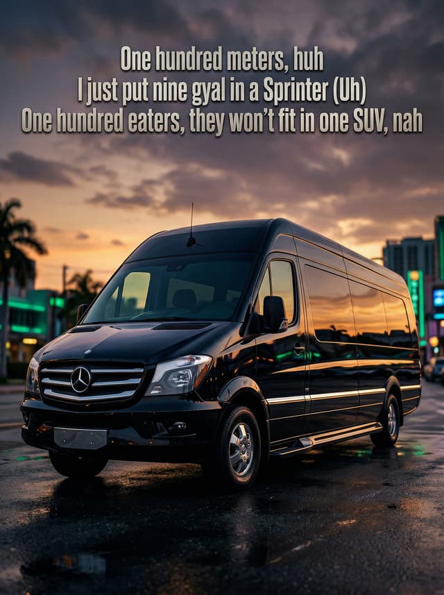 Sprinter by Dave – 'One hundred meters, huh, I just put nine gyal in a Sprinter (Uh), One hundred eaters, they won't fit in one SUV, nah' lyric design printed on the back of a t-shirt